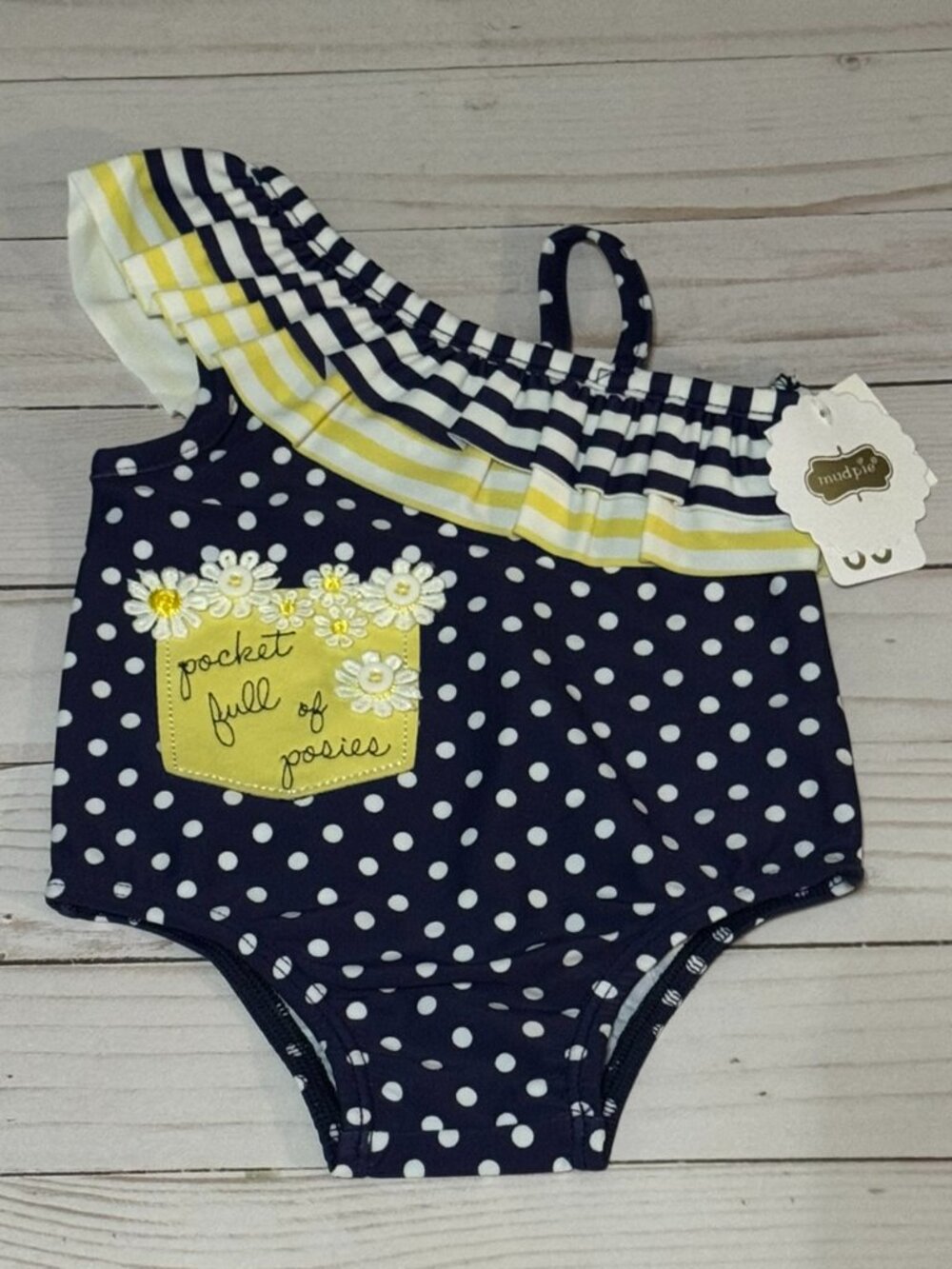 Mud Pie Oopsie Daisy Navy Yellow Polka Dot Swimsuit 0-6 Months